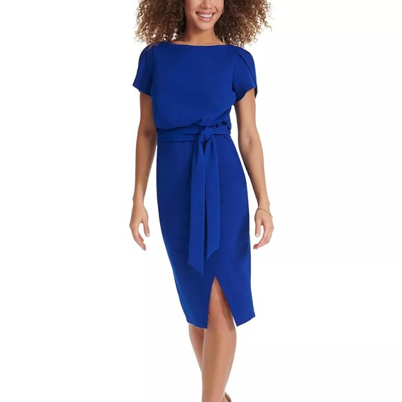 kensie Women's Tulip-Sleeve Tie-Waist Sheath Dress Cobalt Size 4 - Picture 1 of 4